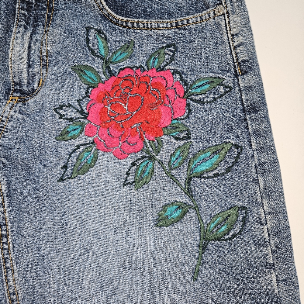 Embroidered Denim Skirt Floral Midi Boho - Picture 3 of 10
